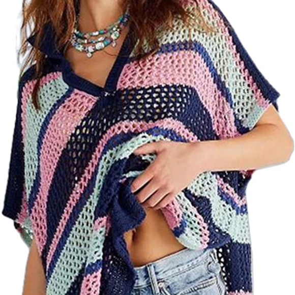 Other - Fun Collared Open Crochet  Coverup Stripe Tunic OSFM